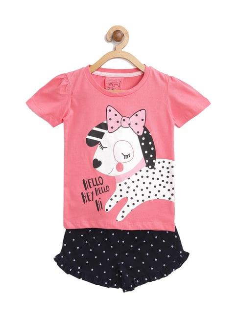lazy shark kids peach & navy printed  top with  shorts