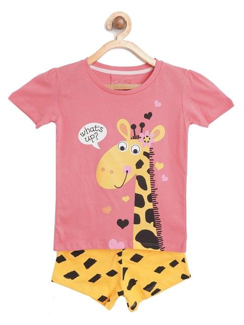 lazy shark kids peach & yellow printed  top with  shorts