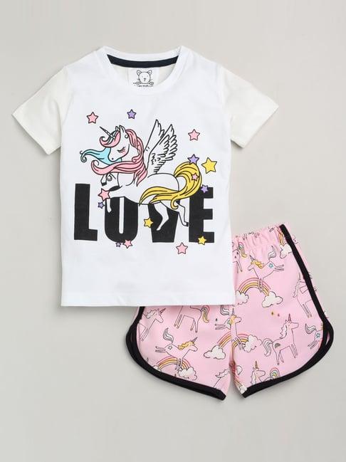 lazy shark kids white printed t-shirt & shorts