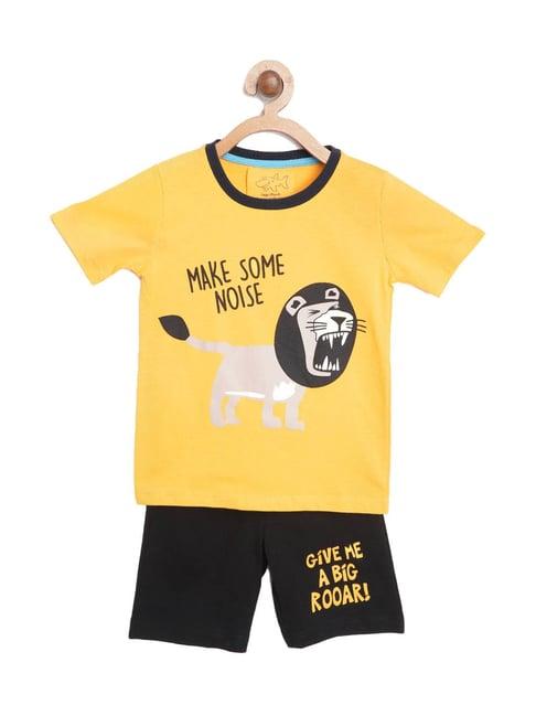 lazy shark kids yellow & black printed  t-shirt with  shorts