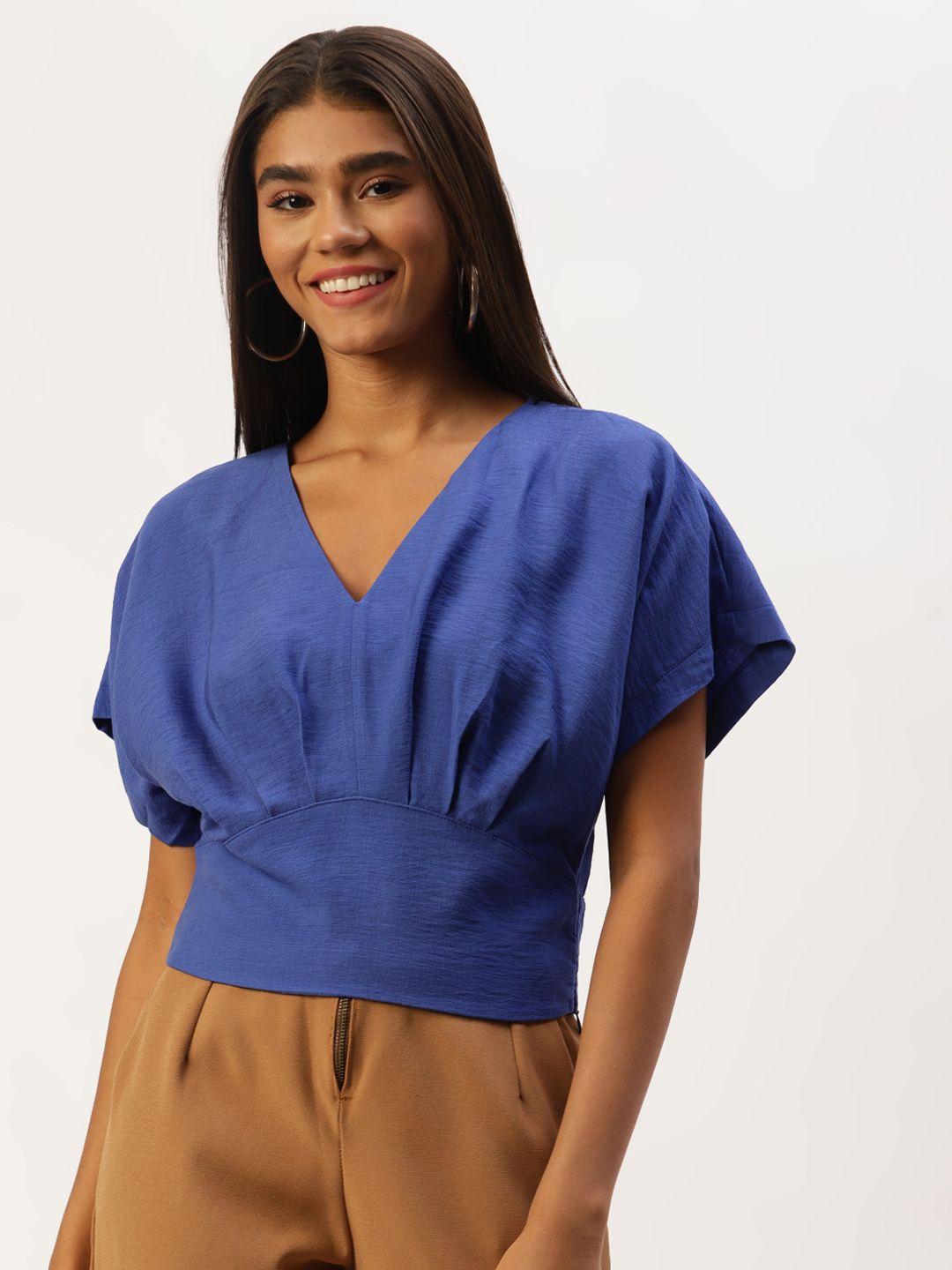 lc waikiki blue extended sleeves pleated blouson crop top