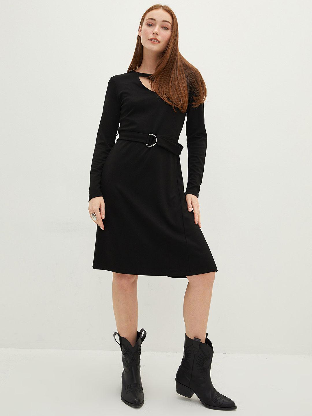 lc waikiki black cut-out detailed sheath midi dress with belt