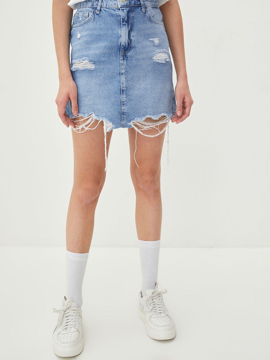 lc waikiki highly distressed frayed denim straight skirt