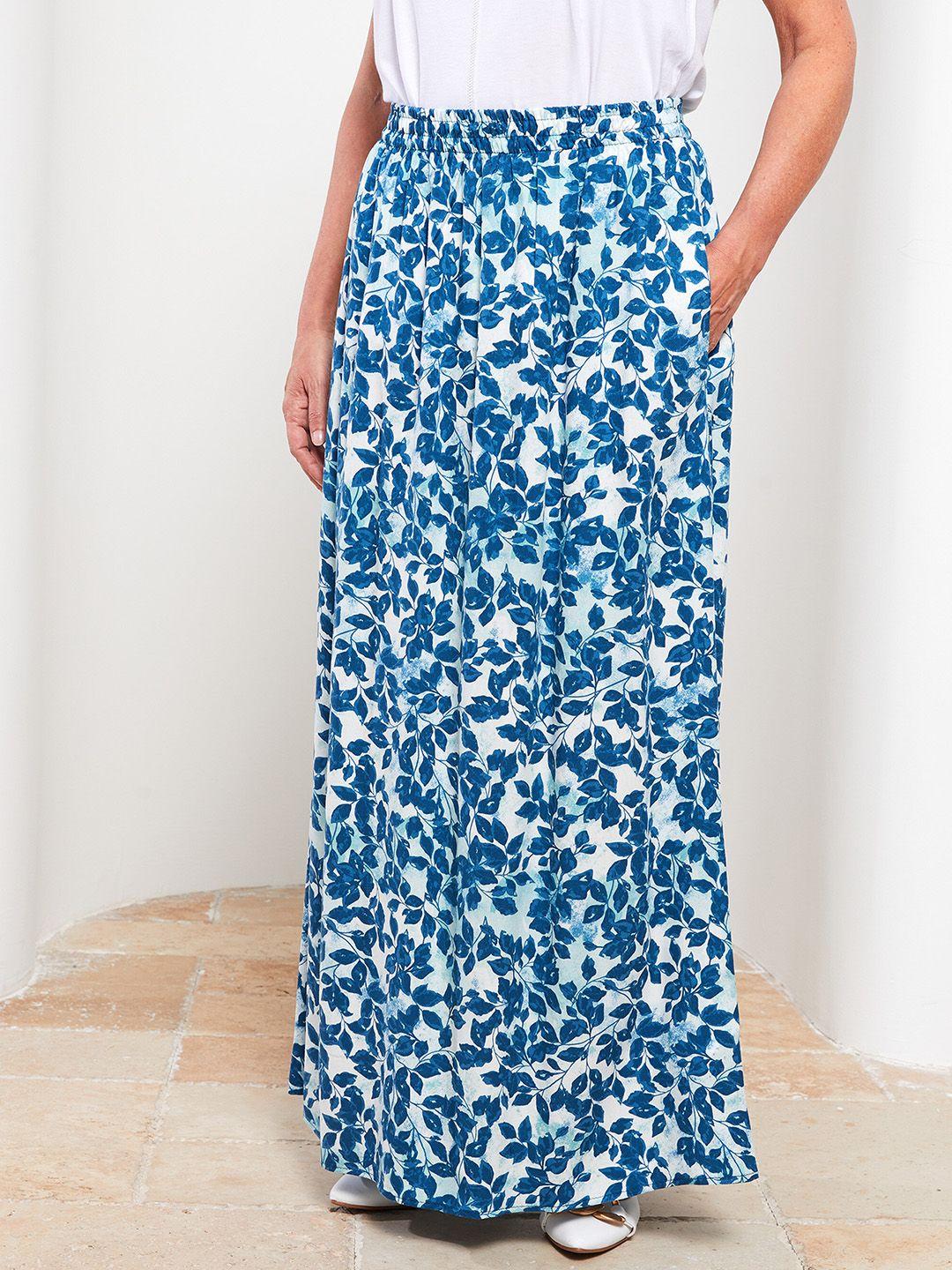 lc waikiki women blue & white floral printed a-line maxi skirt