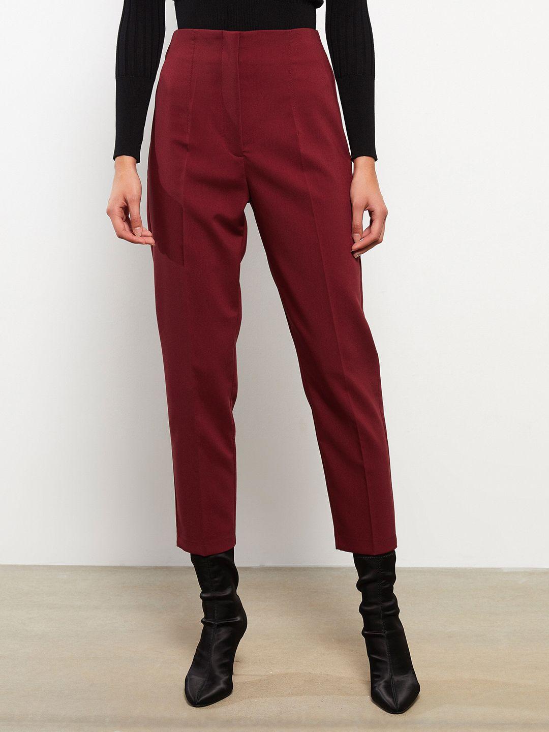 lc waikiki women maroon solid straight fit trousers