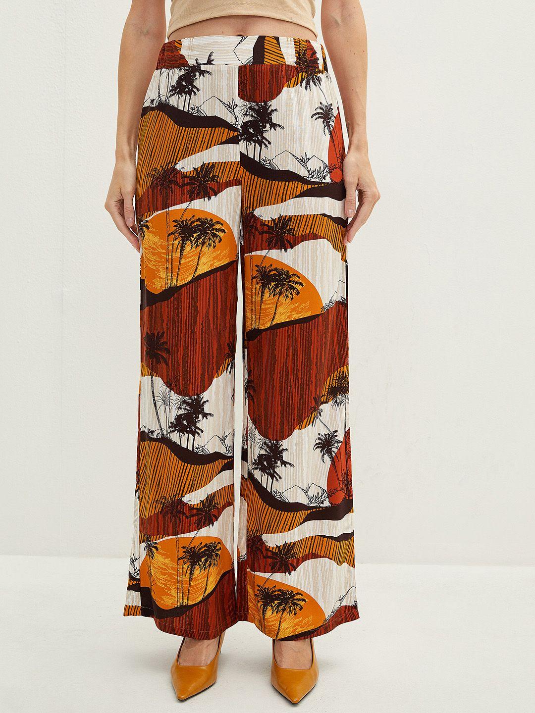 lc waikiki women rust orange & white printed loose fit trousers