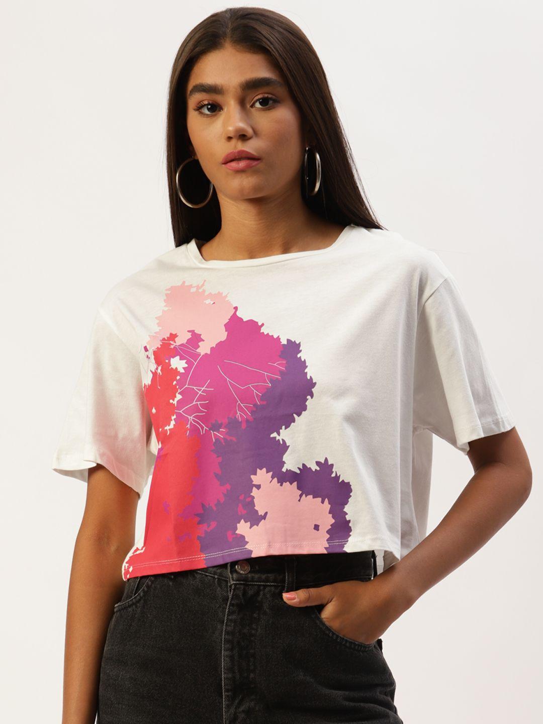 lc waikiki women white & pink printed drop-shoulder sleeves pure cotton boxy t-shirt