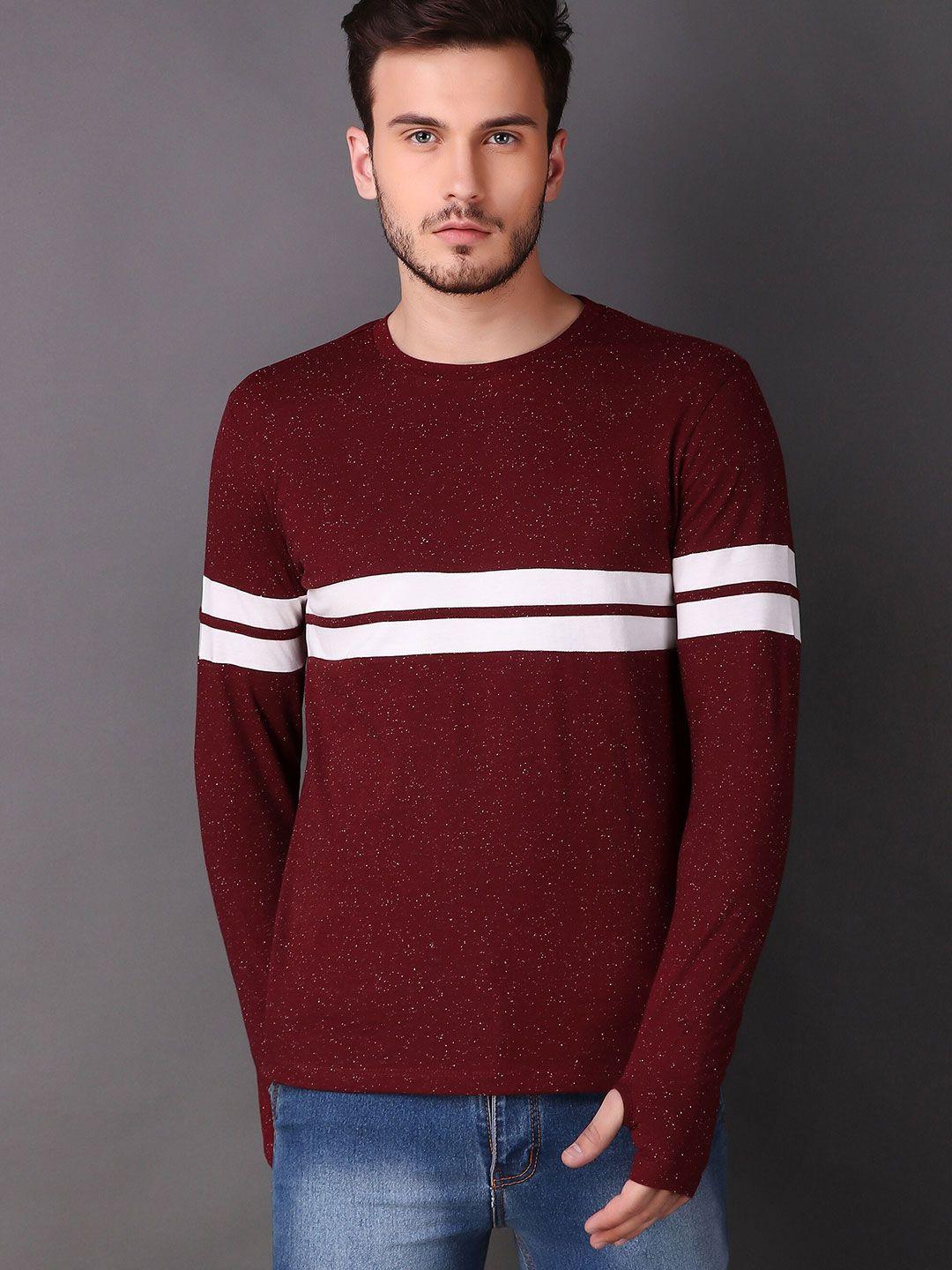 le bourgeois men maroon striped round neck thumbhole full sleeve t-shirt