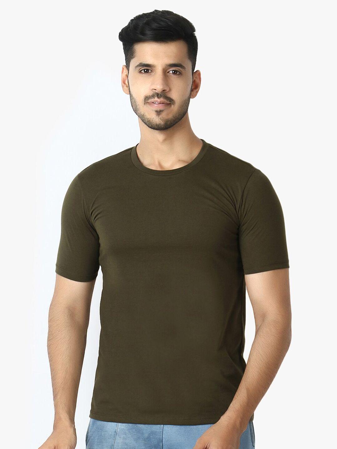 le bourgeois men olive green printed v-neck extended sleeves t-shirt