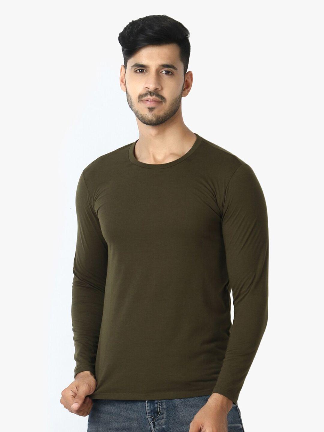 le bourgeois men olive green solid round neck regular fit t-shirt