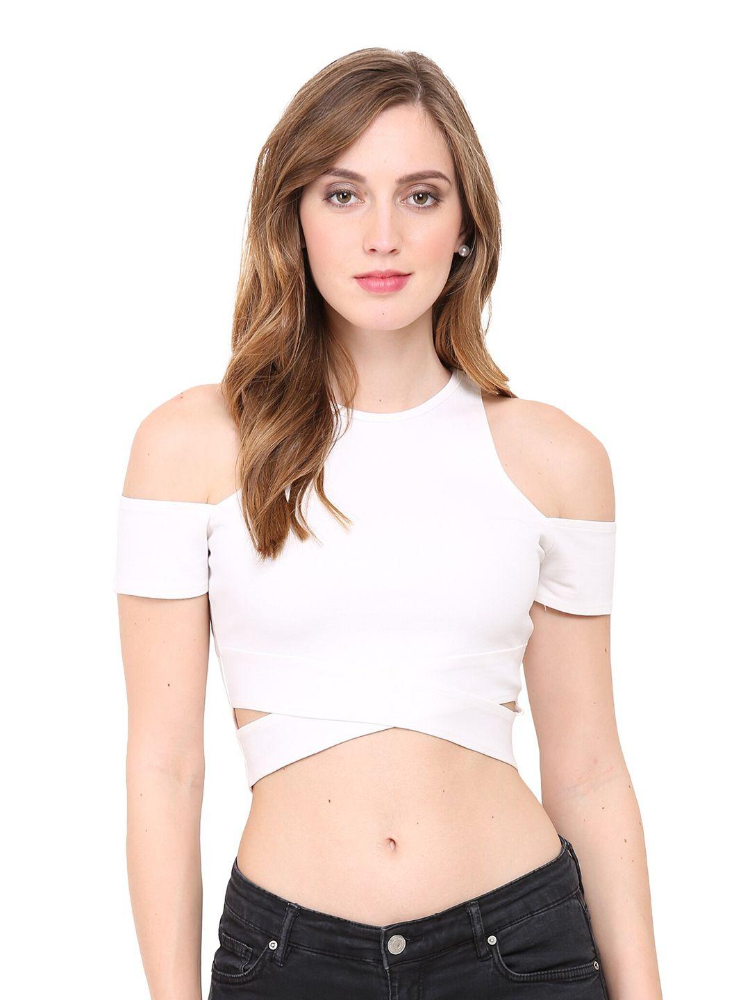 le bourgeois white cold-shoulder sleeves crop top