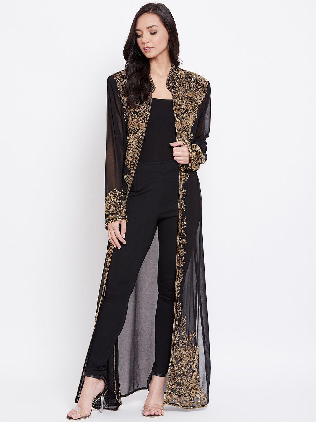 le bourgeois women black & gold coloured embellished open-front longline shrug