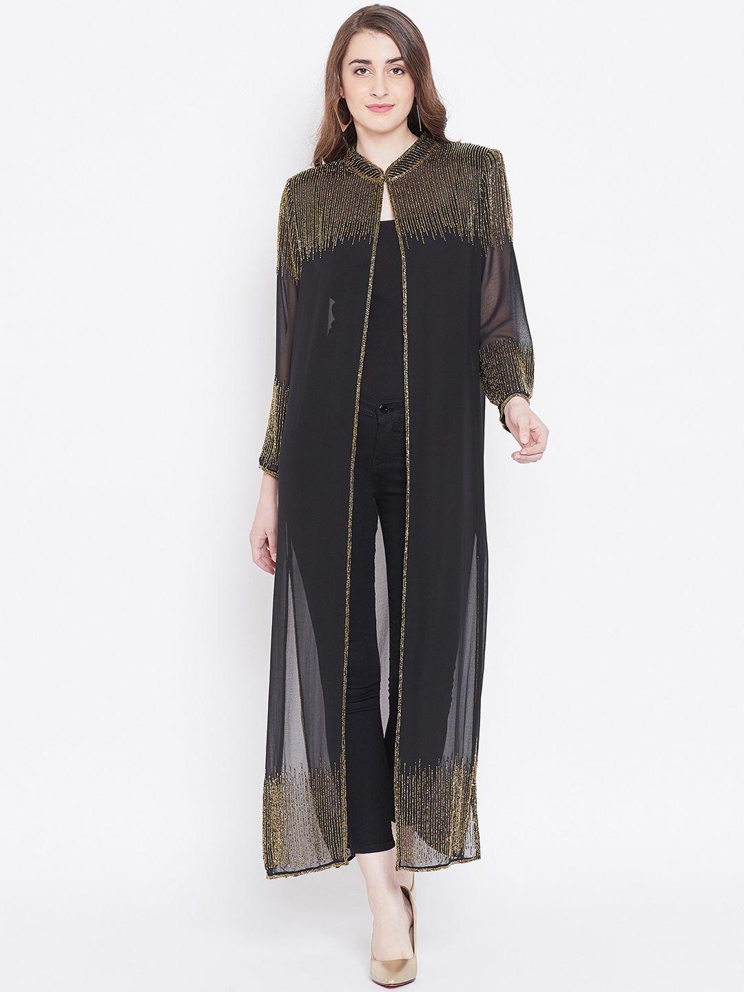 le bourgeois women black & gold embellished open front longline shrug