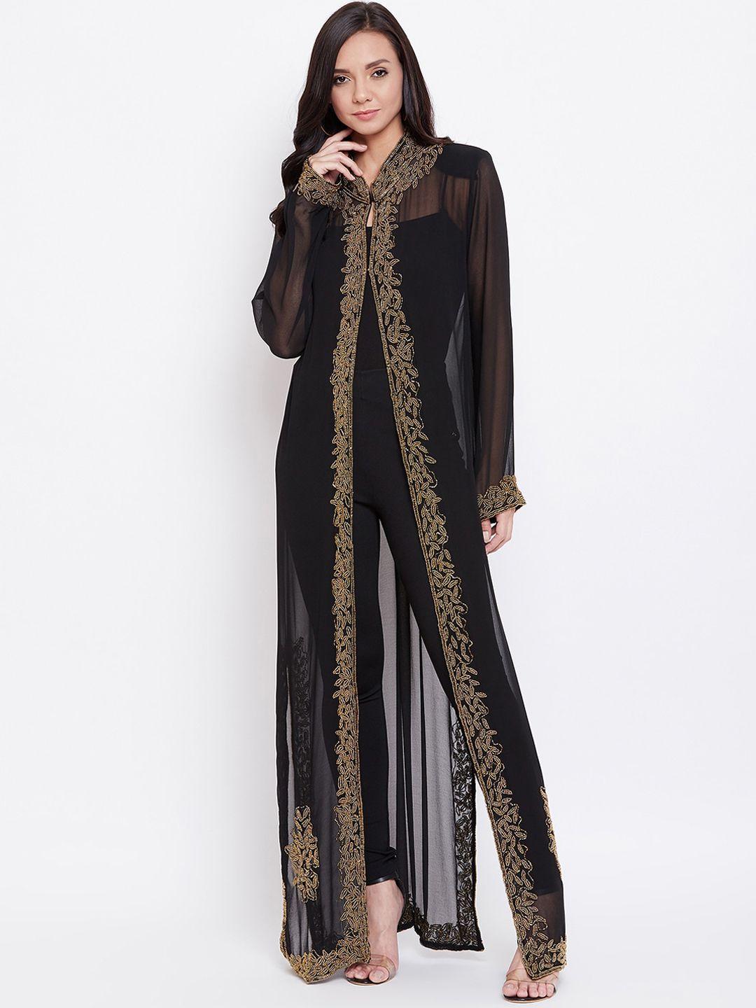 le bourgeois women black embellished open-front partywear longline shrug