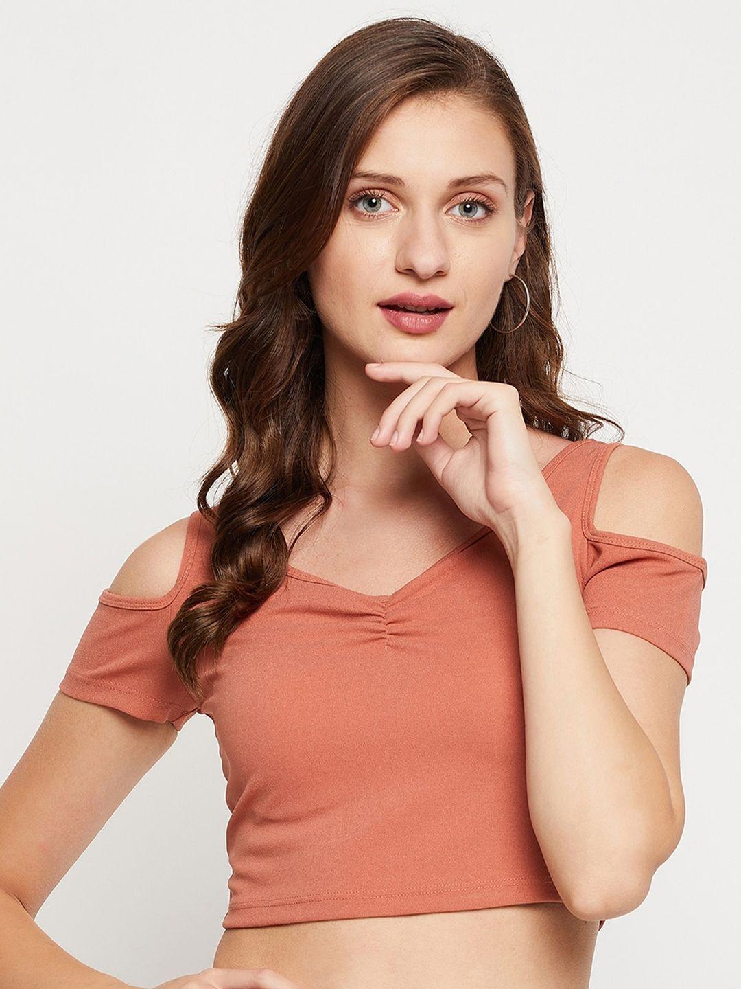 le bourgeois women peach-coloured cold shoulder crop top