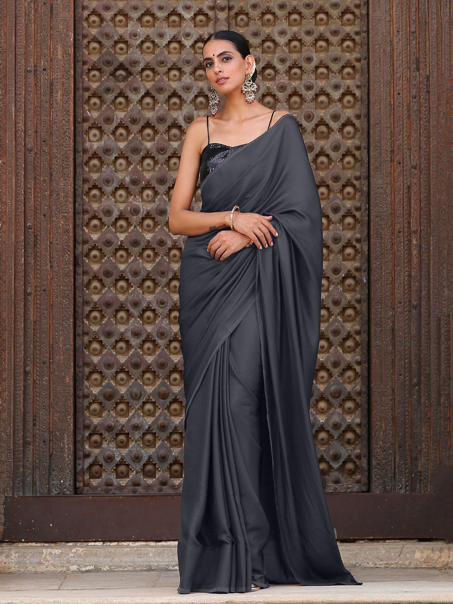 lead grey satin solid saree without blouse