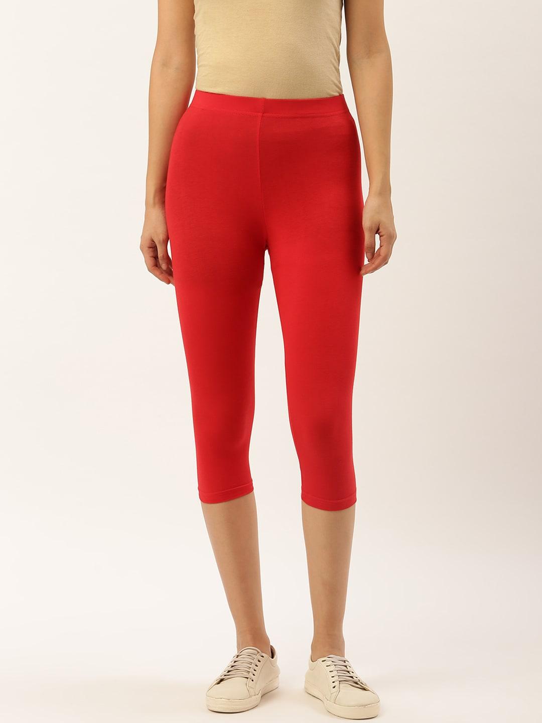leading lady women coral red solid 3/4th length leggings