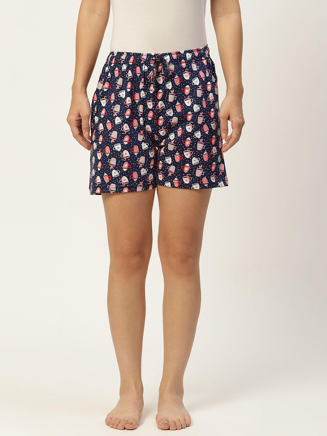 leading lady women navy blue & red printed cotton lounge shorts