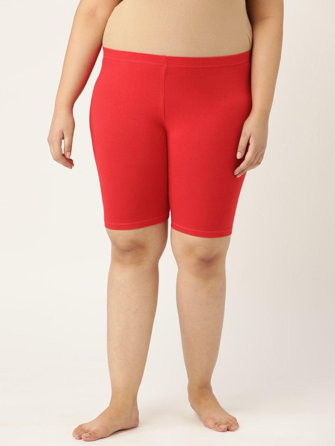leading lady women red pure cotton solid high-rise lounge shorts
