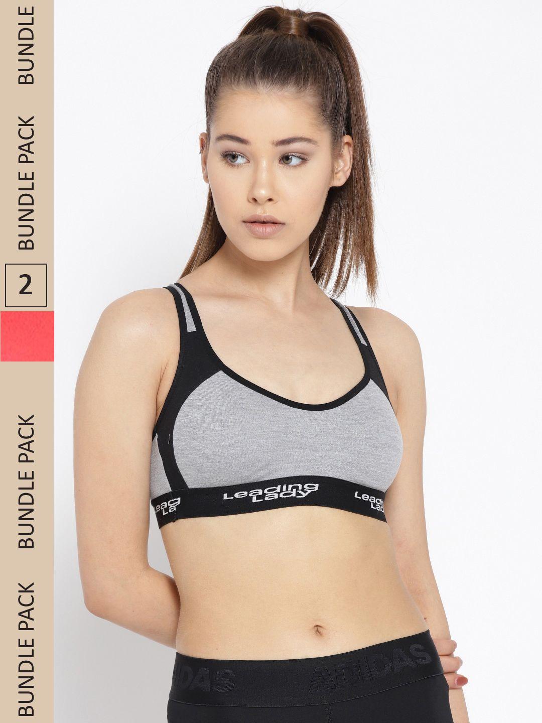 leading lady pack of 2 grey melange & orange colourblocked cotton sports bra