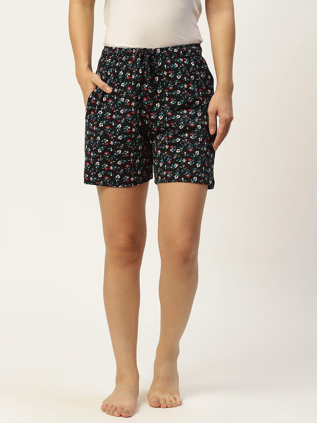 leading lady women black printed cotton lounge shorts