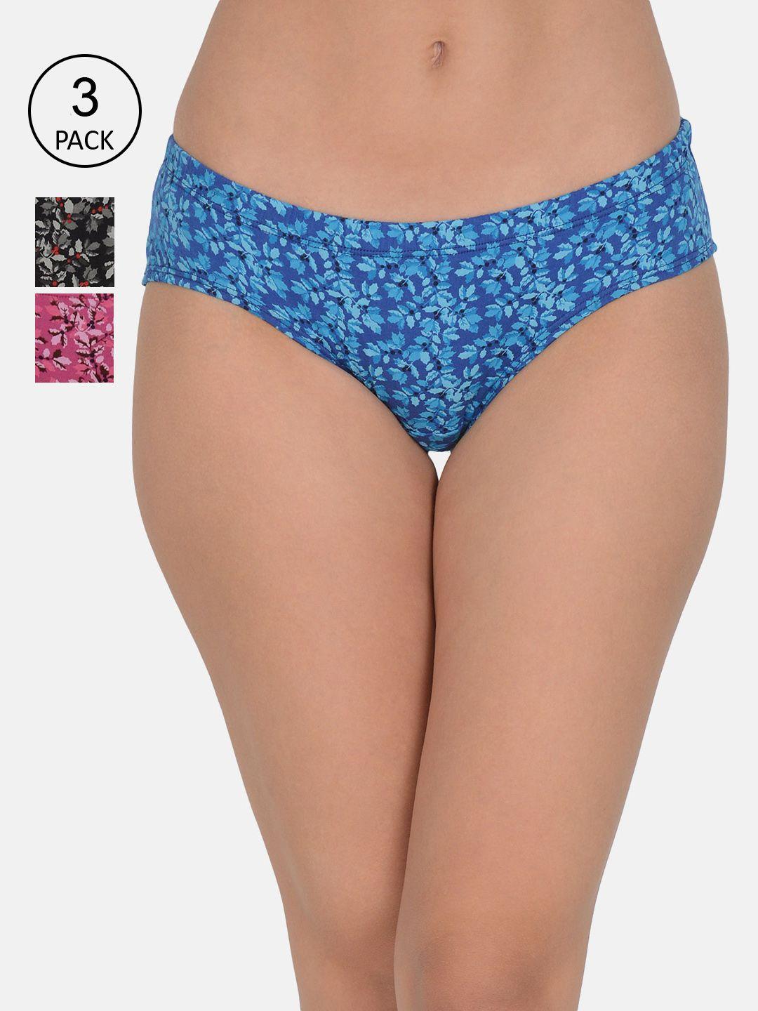 leading lady women pack of 3 magenta & blue printed cotton hipster briefs