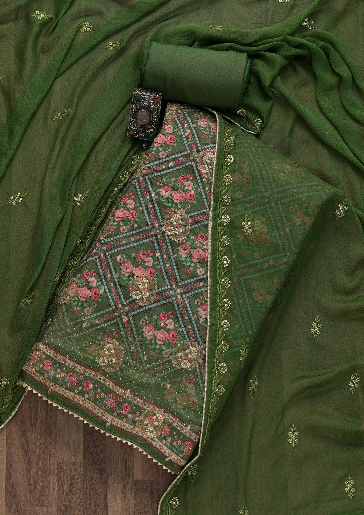 leaf green printed soft silk unstitched salwar suit
