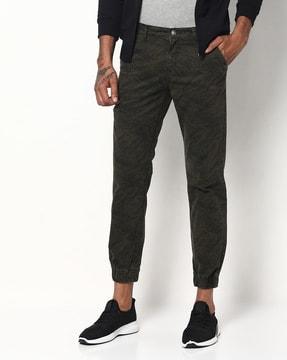 leaf print flat-front joggers with insert pockets