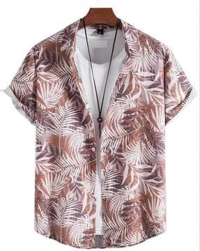 leaf print shirt with short sleeves