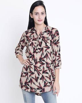 leaf print tunic with collar-neck