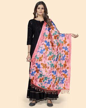 leaf  print dupatta with tassels