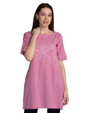 leaf embroidered round-neck straight tunic