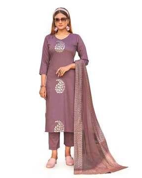 leaf embroidered straight kurta set