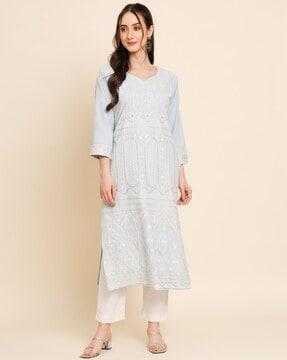 leaf embroidered straight kurta