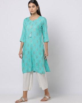 leaf foil print round-neck straight kurta