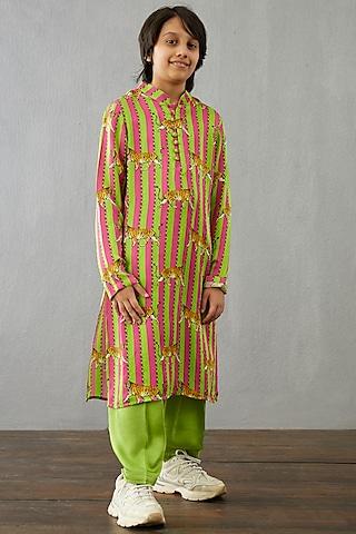 leaf green & dark pink kurta set for boys