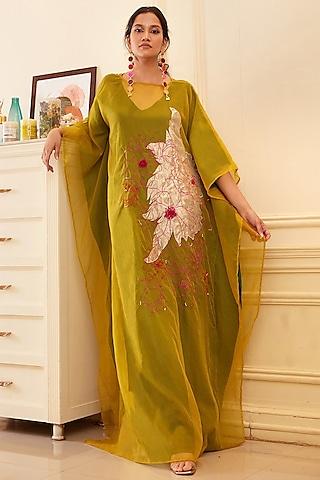 leaf green & yellow silk organza thread embroidered kaftan dress
