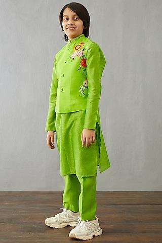 leaf green chanderi kurta set with bandi jacket