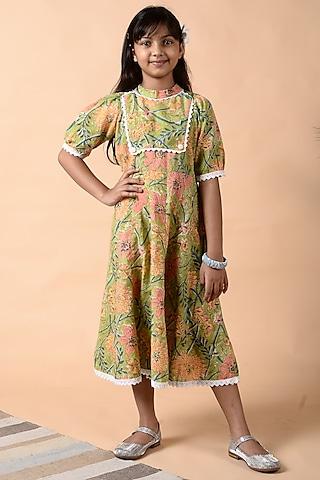 leaf green floral printed kalidar dress for girls