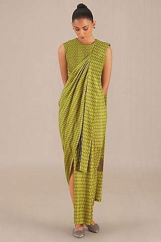 leaf green silk printed pre-draped saree
