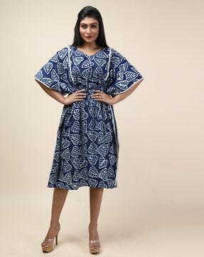 leaf int a-line dress with waist tie-up