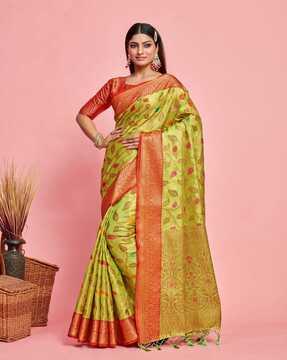 leaf pattern saree with contrast border