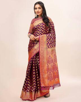 leaf pattern saree with tassels