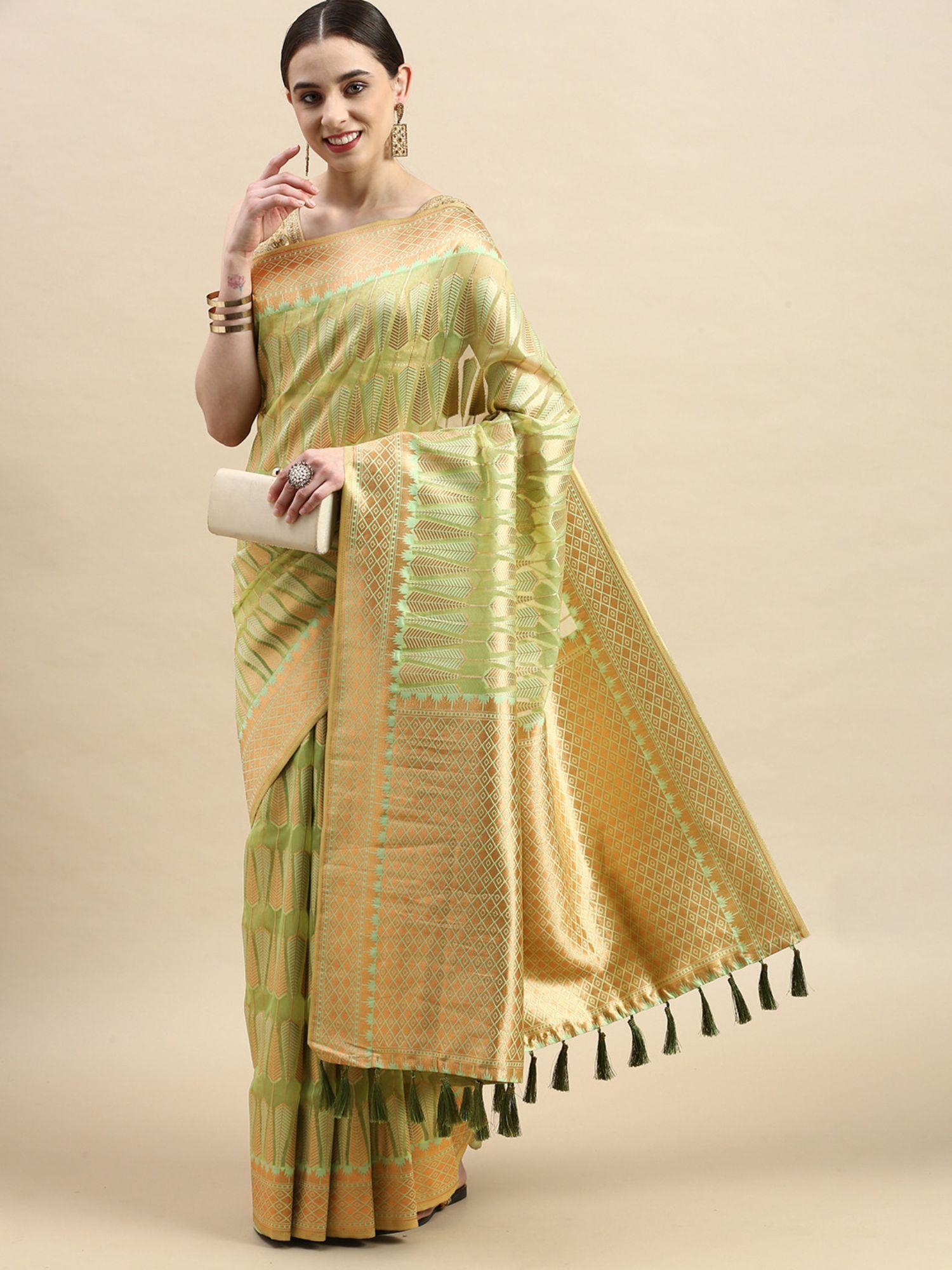 leaf pattern zari woven design kanjeevaram banarasi art silk saree with unstitched blouse