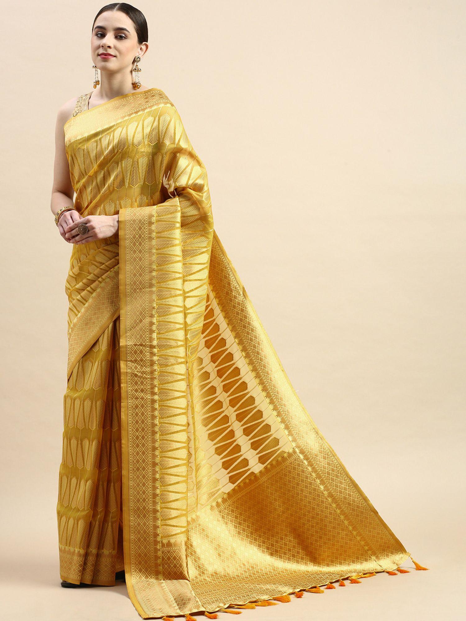 leaf pattern zari woven design kanjeevaram banarasi art silk saree with unstitched blouse