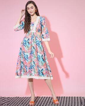 leaf print a-line dress with cutouts