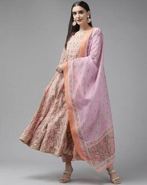 leaf print anarkali kurta set with dupatta