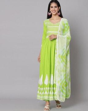 leaf print anarkali kurta set