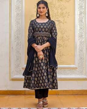 leaf print anarkali kurta with pants & dupatta