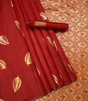 leaf print banarasi soft silk saree